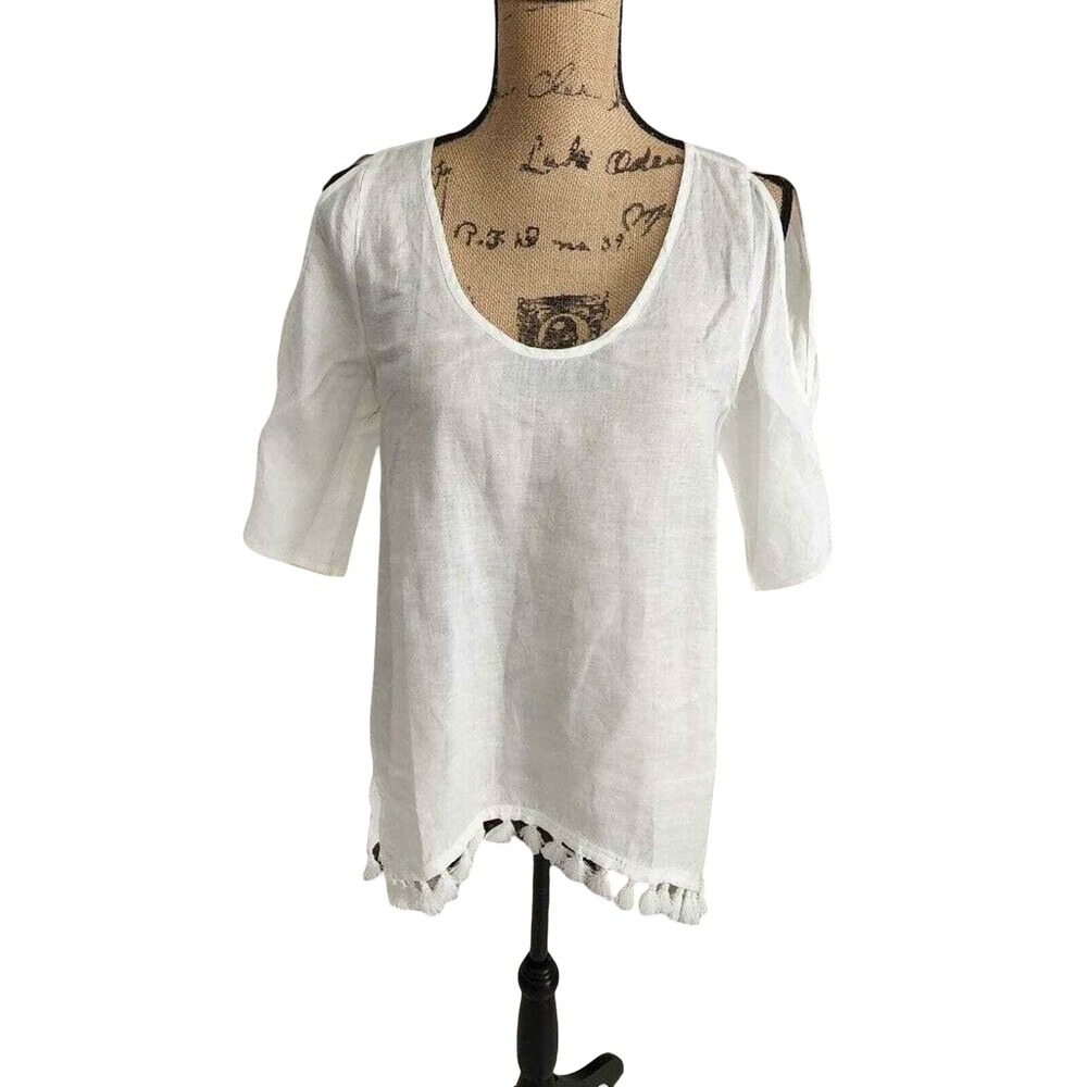 Saks Fifth Avenue White 100% Linen Cold Shoulder Tassel Hem Blouse Top Small